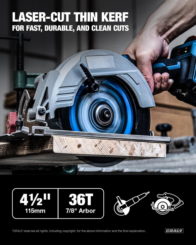 CRALY 4-1/2 Inch 24&36 Teeth Wood Cutting Framing/Fine Finish Circular Saw Blade, 7/8 Inch Arbor, Carbide Tipped, Thin Kerf, Black Ice™ Coating, for Plywood, MDF, OSB, Laminated, 2-Pack(C042436-2E) - Image 3